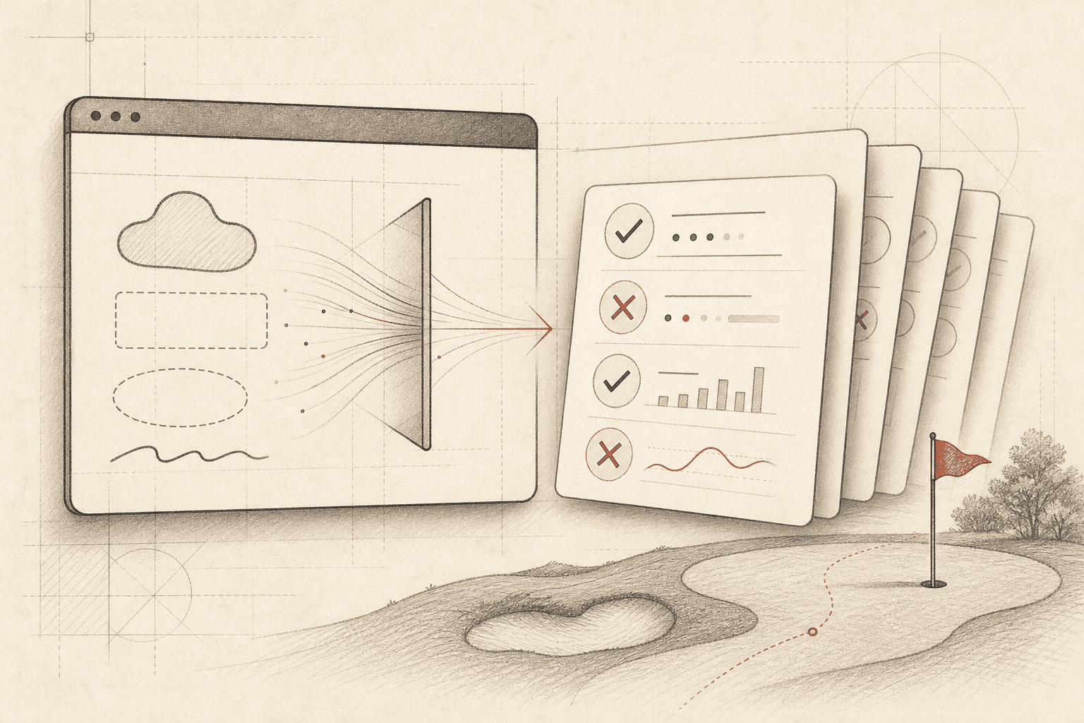 Illustration of a generated app turning into scored prompt evaluation cards